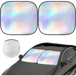 2 Pcs 31 x 28 Inch Car Windshield Sun Shade Foldable, Hologram Foil Front Windshield Shade for Car Truck SUV Van Blocks UV Rays Sun Visor Protector (Iridescent Mermaid Style)