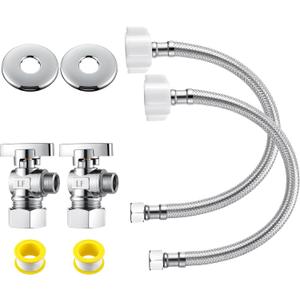 2 Pack Complete Toilet Valve Set, Includes 1/2'' Nom Inlet x 3/8'' OD Compression Outlet Angle Shut Off, 7/8" BC x 3/8" COMP Toilet Water Supply Line, Escutcheon Plate, Sealing Tape (16 Inch)