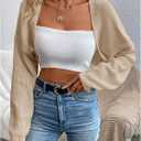 Women's Cardigan Shrugs Long Sleeve Knit Cropped Bolero Shrug Open Front Casual Cardigans for Dresses (Beige, L)