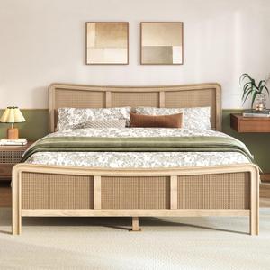 Christopher Knight Home Freda Boho Wooden Queen Bed Frame with Headboard, Rectangular Queen Size Bed Frame with Natural Rattan Adjustable Headboard, Platform Bed Frame, No Box Spring Needed, Brown
