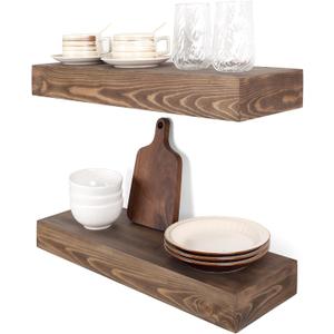 Floating Shelves 3 inch Thick for Wall Set of 2,Solid Pine Wood Wall Mount Shelf for Kitchen Living Room Bedroom Bathroom,8" D x 24" L x 3" H-Dark Walnut