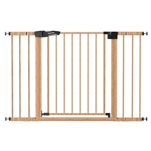 Babelio 29-48" Metal Baby Gate with Brown Wood Pattern, Auto Close Dog Gate PressGuard P7 for The House, Stairs and Doorways, Pressure Mounted Pet Gate with Door, Safety Gate for Child and Pets