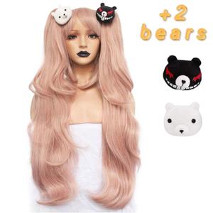 ANOGOL Hair Cap+ ( 2 Bears ) Light Pink Cosplay Wig Long Synthetic Wigs For Women Costume Party Halloween Christamas Wig With Hair Accessory