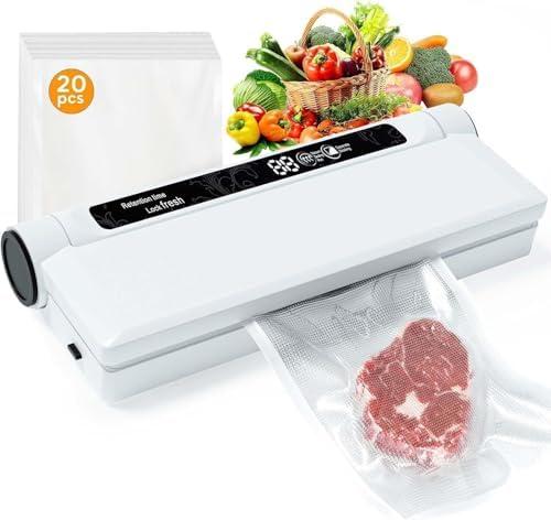 Food Vacuum Sealer Machine, 75KPA Strong Suction, Dry/Wet Modes, 20 Vacuum Seal Bags for Food, Digital Countdown Timer, Compact Lightweight, Ideal for Home Kitchen Use