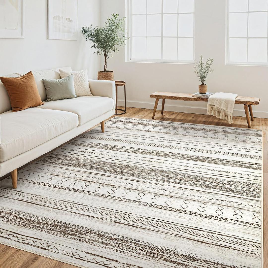 Tortania Area Rug Living Room Rugs - 6x9 Washable Large Soft Neutral Boho Moroccan Bohemian Farmhouse Rug Indoor Floor Carpet for Bedroom Under Dining Table Home Office Decor - Cream Brown