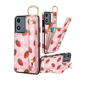 Petitian for Moto G Play 2024 Case with Wallet - Women Girls Cute Girly Aesthetic Unique Design Leather Credit Card Holder Cardholder Stand Wristband for Motorola G Play 2024, Strawberry