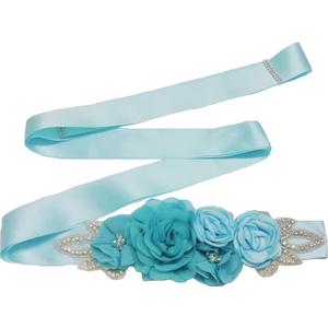 Lauthen.S Sash Belt with Flowers Pearls Rhinestone for Wedding Bride/Baby Shower Dress (Blue)