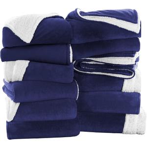 IR Imperial Rooms Navy Sherpa Fleece Throw Blanket Twin Size for Bed - Wholesale Bulk Pack of 12 Sherpa Blankets - Soft Fluffy Throw Blankets for Hotels, Guest Bedroom, 60x80 Inches