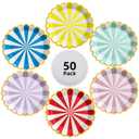 Colorful Striped Paper Plates with Gold Scalloped Edge, 9 Inch Disposable Plate, 50 Pack, Party Tableware for Birthday Celebrations, Christmas and Halloween Decorations, Soft 6 Colors