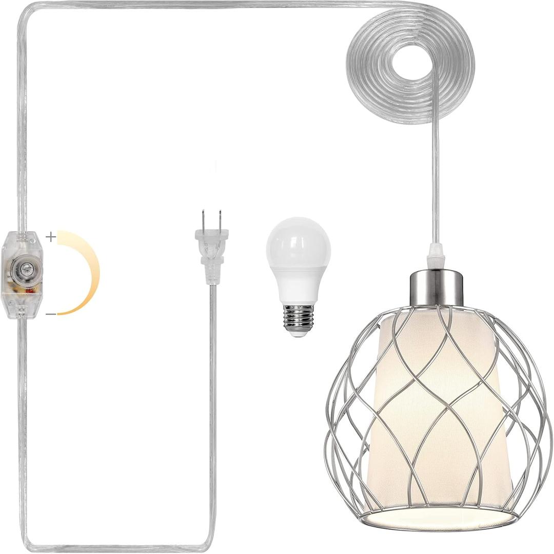 Cinkeda Hanging Lights with Plug in Cord,Hanging Lamps That Plug into Wall Outlet with Dimmable Switch and 15 ft Clear Cord, Swag Lamp for Bedroom Kitchen Island Living Room (Bulb Included) (Silver)