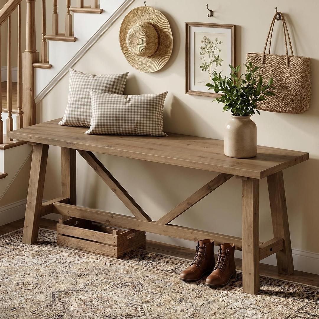Wnutrees 43" Farmhouse Solid Wood Bench, Narrow Long Seat, Natural