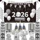 2026 New Year Eve Party Supplies for 24 Guests - New Years Decorations Silver, Large Happy New Year 2026 Banner , Glitter Cone Hats , Welcome Banner, Headwear, Eyeglasses Honeycomb Centerpieces