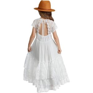 BIBIHOU Girls Kids Lace Back Full-Length Backless Tulle Party Holiday Formal Flower Girl Dress (10 Years, 4-white)