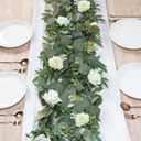2 Pack Artificial Spring Eucalyptus Flower Garland with White Roses, 13Ft Fake Flower Greenery Floral Green Garland Vines for Wedding Arch Table Runner Backdrop Mantle Home Decorations (White)
