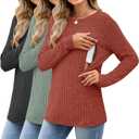 Sweetyweee 3 Pack Women's Nursing Tops Breastfeeding Shirts Long Sleeve Maternity Ribbed Sweaters with Hidden Zipper (Medium, Black, Green, Brick Red)