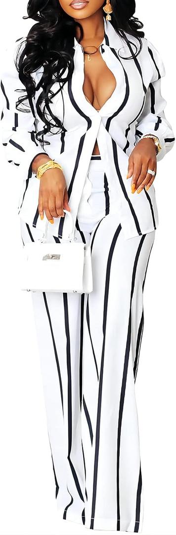Remelon Women's Casual Two Piece Outfits Striped Long Sleeve Collar Button Down Shirt Blouse High Waist Wide Leg Pants Sets (Medium, White)