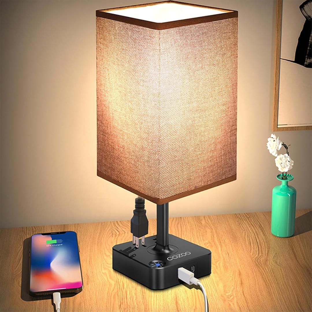 cozoo Bedroom Lamp Touch Control Bedside Table Lamp with USB C & USB A Charging Ports and 2 AC Outlets,Modern LED Desk Light with Charger Base Brown Fabric Shade for Bedroom/Nightstand/Office/Decor