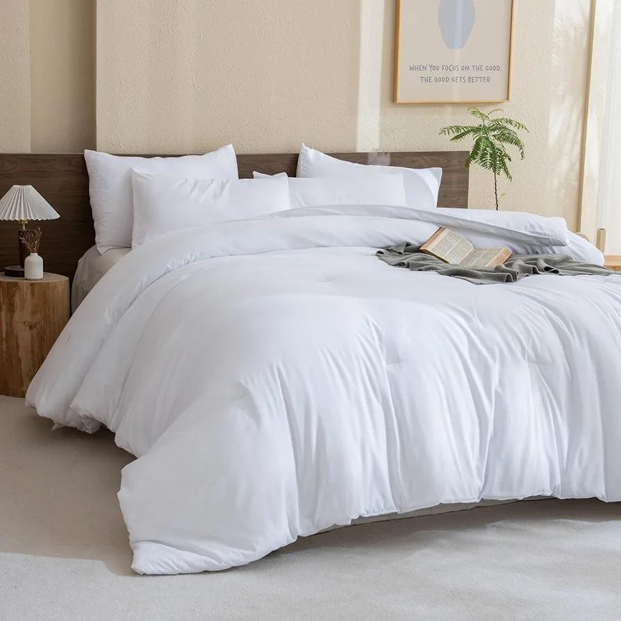 Paxrac Classic Pure White Comforter Queen Size, 3 Pieces Boho Comforter Set, Lightweight Solid Bedding Set, All Seasons Soft Breathable Queen Comforter Set (90x90In Comforter & 2 Pillowcases)