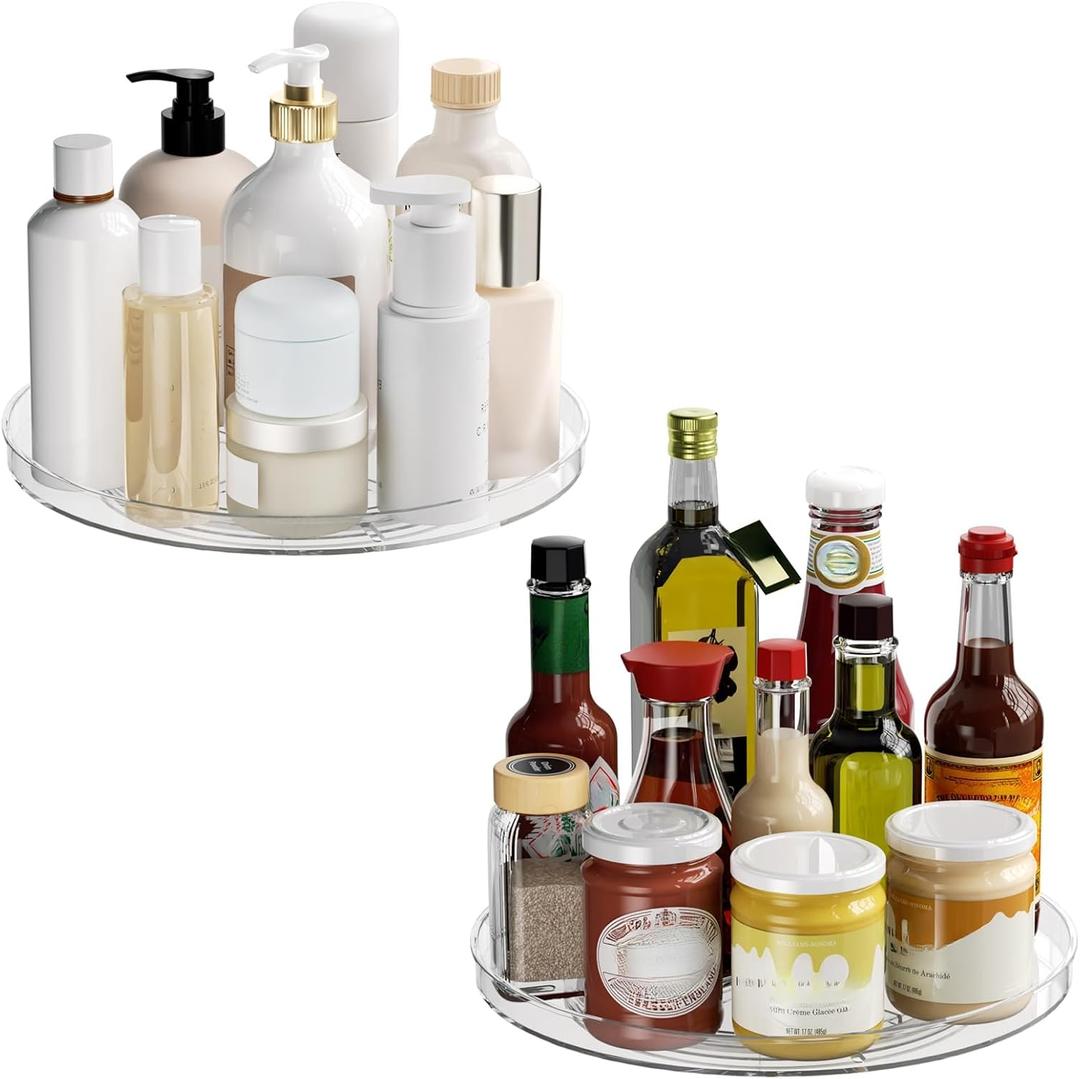 2 Pack Lazy Susan Organizer Turntable, Clear 9 Inch Rotating Organizer Tray for Cabinet Table Top, Round Non-Skid Refrigerator Lazy Susan, Kitchen Storage for Pantry Countertop Bathroom, Spice Rack