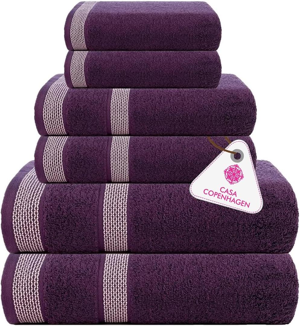 CASA COPENHAGEN Solitaire 6Pcs 100% Egyptian Cotton Large Designer Towels Gift Set- Dark Purple, 600GSM, 2Bath 2Hand 2Washcloths, Bath Towels for Bathroom Set for Women & Men