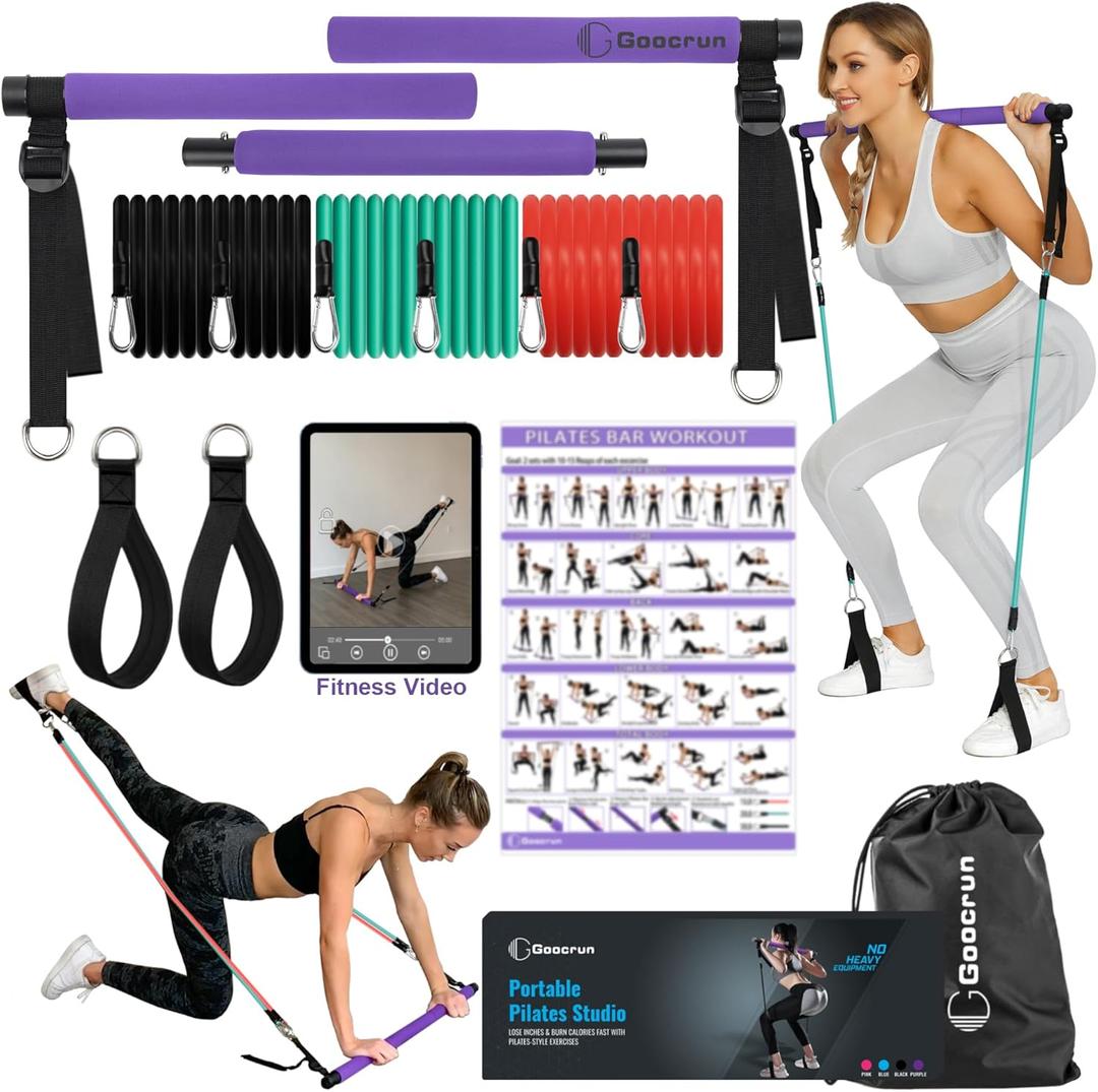 Portable Pilates Bar Kit with Resistance Bands for Men and Women - 3 Set Exercise Resistance Bands - Multifunctional Home Gym - Supports Full-Body Workouts  with Fitness Poster and Video