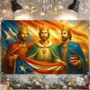 Three Kings Day Banner 71 x 43 Inches Da de Reyes Magos Puerto Rico Flag Wall Hanging, Epiphany Christian Religious Nativity Decor for Home Church Party Three Kings Day Backdrop (Red, White, Blue)