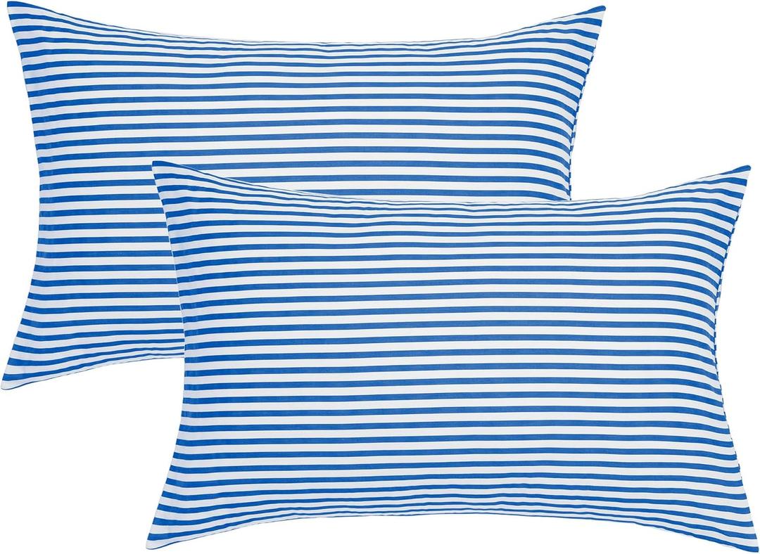 JELLYMONI 100% Natural Cotton Striped King Pillowcases Set, 2 Pack White and Blue Stripes Pattern Printed Pillow Covers with Envelope Closure(Pillows are not Included) (0903)