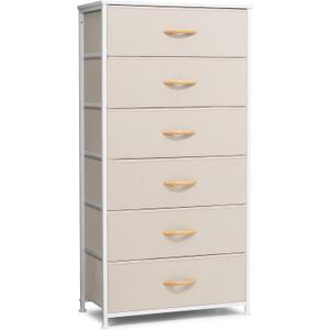 Crestlive Products Dresser for Bedroom with 6 Drawers, Tall Chest of Drawers, Fabric Dressers Bedroom Furniture, Storage Organizer Unit with Bins for Closet, Hallway, Living Room, Entryway(Beige)