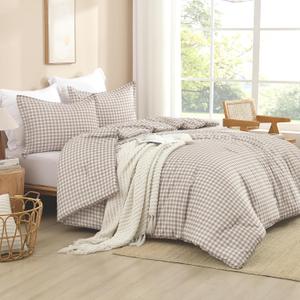 Andency Tan Gingham Comforter Set Queen(90x90Inch), Brown Checkered Grid Plaid Buffalo Bed Set for Girls Boys Kids Teens, 3 Pieces Lightweight Microfiber Geometric Preppy Bedding
