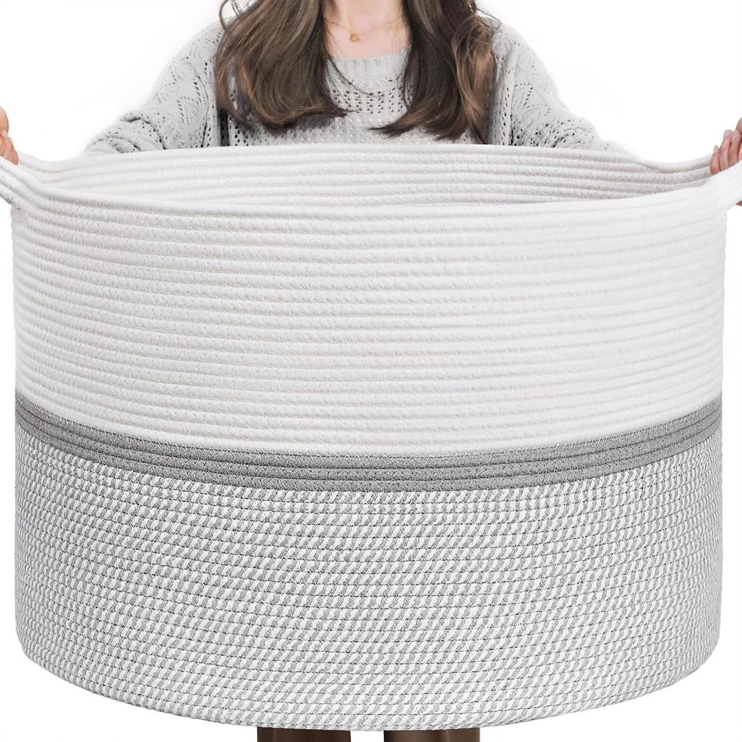 CHICVITA 85L Large Cotton Rope Blanket Basket with Handles, Grey, Woven storage basket for laundry, pillows, toys. Decorative for living room, bedroom, nursery, 22x22x14in