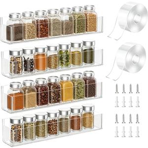 PMMASTO Adhesive Acrylic Spice Rack Organizer for Wall with 2 Nano Double Sided Tape, Spice Shelf Organization for Kitchen Cabinet Door/Pantry Door, Wall Mount Seasoning Rack (Clear-4 Pack)