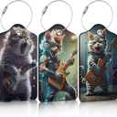 3 Pack Funny Guitar Cat Luggage Tags for Suitcase Animal PU Leather Travel Luggage Tag Privacy Cover ID Label for Women Men Baggage Backpack Handbag School Bag