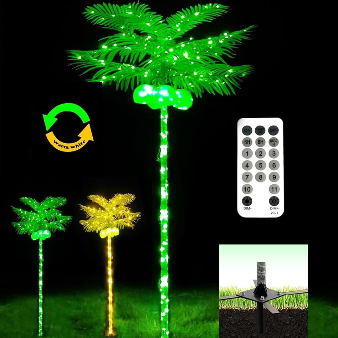 Palm Trees Decor for Outside Patio, 7.2Ft Lighting Artificial Palm Tree, Outdoor Pool Tropical Decorations for Home Party Beach Garden Park Green/Warm White