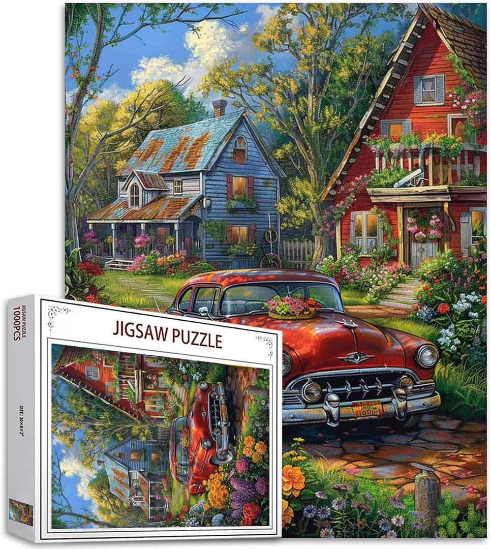 Tucocoo Garden Jigsaw Puzzles 1000 Pieces for Adults Countryside Courtyard Puzzle-Challenging Puzzle Perfect for Game Gifts DIY Home Wall Decor Farm Red Old Car Art Puzzles 27"x20"Inch (Fram Animal 05)