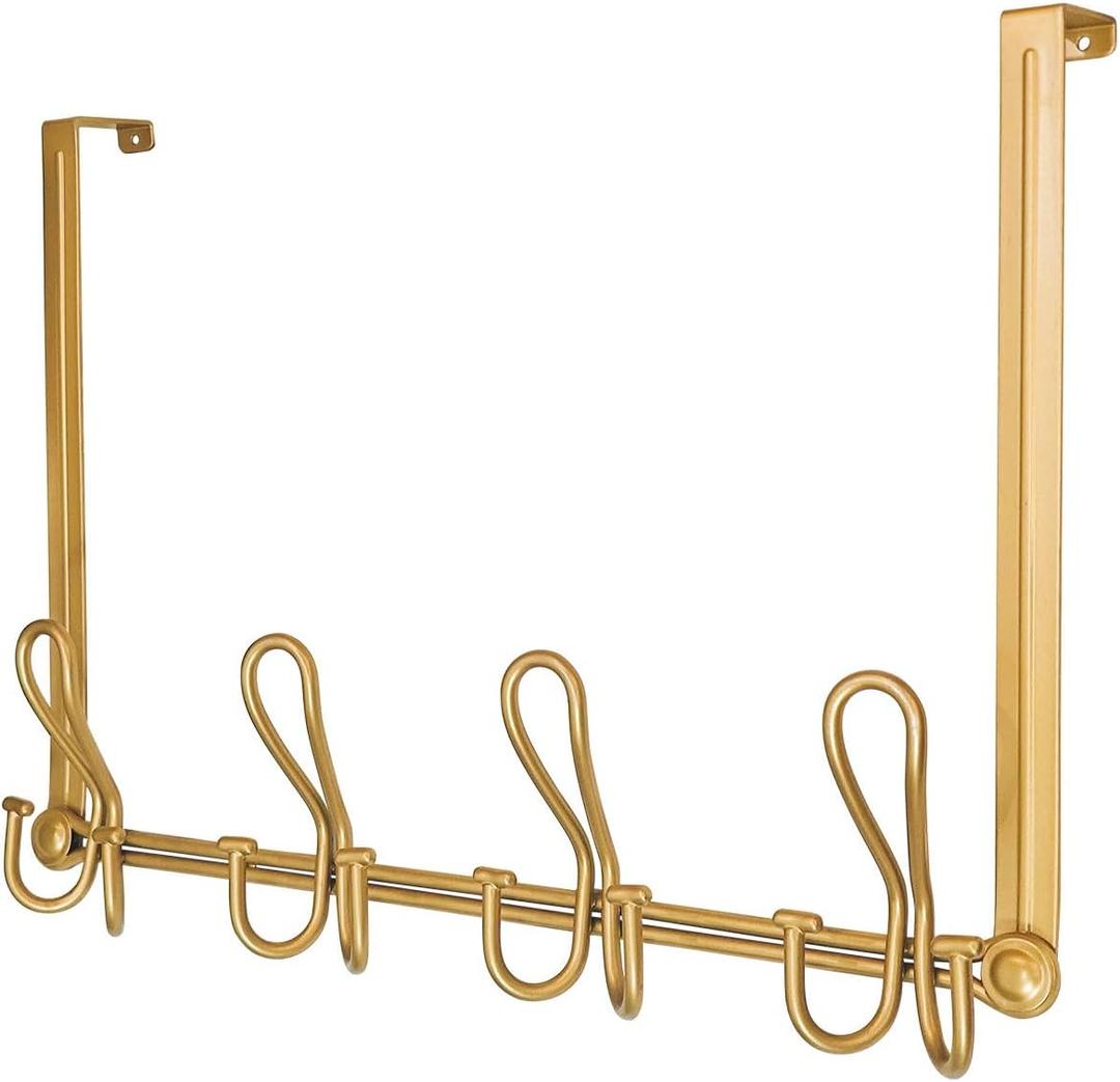 Double Prong Over The Door Hook Rack, with 4 Triple Hooks to Hang Your Coats, Hats, Towels, Purses and More in Your Bathroom, Bedrrom or Walk-in Closets - Gold