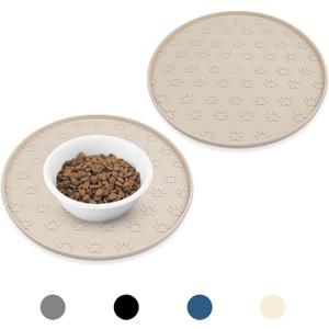 Silicone Pet Placemat for Dogs and Cats, Waterproof Non-Slip Pet Feeding Bowl Mats for Food Water, Small Medium Tray High-Lips Edge Eating Mat Prevents Messes from Spilling to Floor, Beige, 2 Pcs