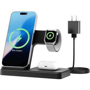 Wireless Charging Station for Apple Devices: 3 in 1 Foldable Qi Compact Case-Friendly Charger Stand for iPhone 17-12 & Apple Watch & AirPods Charging Dock for Travel Home Office Desk Nightstan