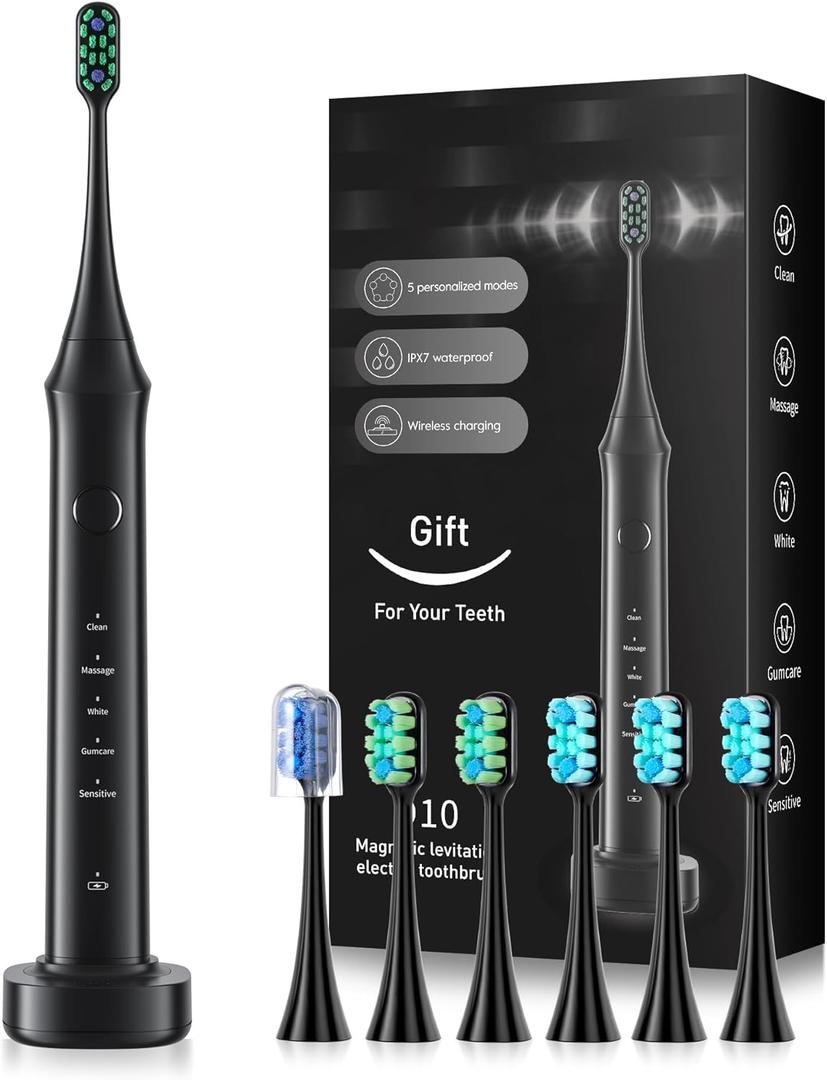 bluelk Electric Toothbrush for Adults and Kids- Sonic Toothbrush with 3 Brush Heads in 2 Types, Rechargeable with 5 Modes and Built-in Smart Timer, Hsa Store Eligible Items (Black)