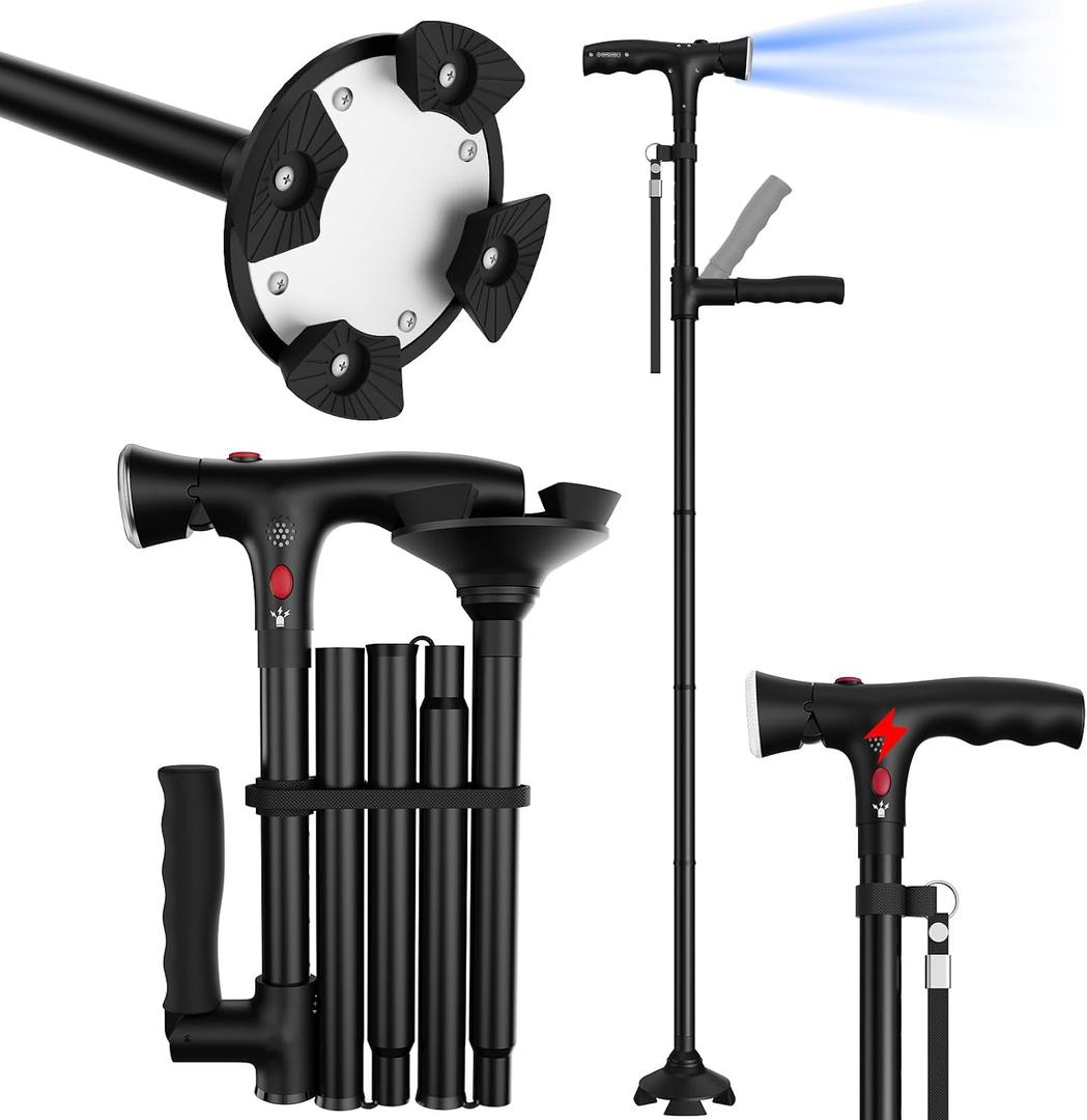Folding Cane with Led Light, Adjustable Canes and Walking Sticks for Seniors, Walking Cane Stick for Adults, Seniors Cane with Cushioned T Handle and Swivel Four Pedestal