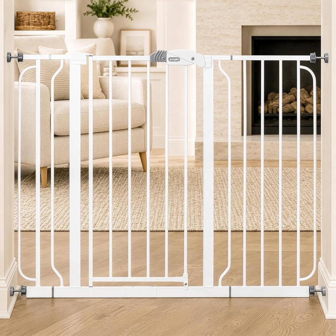 Regalo Safety 36" Extra Tall and 49" Wide Baby Gate for Doorways & Bottom of Stairs, Pressure Mounted Walk Through Baby Gate for Toddlers & Pets, Tested & Safe, American Designed, American Owned (White)