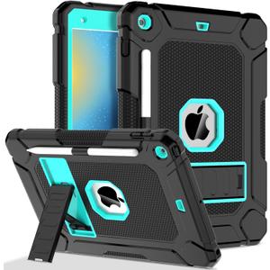 LTROP Case for iPad 9th/ 8th/ 7th Generation (2021/2020/2019) 10.2 Inch with Pencil Holder & Kickstand, Shockproof Protective Cover Case for iPad 9 8 7 Gen, Black/Turquoise