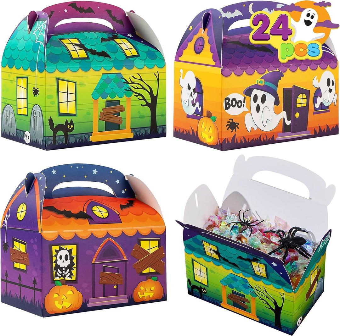 JOYIN 24 PCS Halloween Treat Boxes Cookie Boxes, House Cardboard for Treat Candy Bags Cookies Goodie Bags (6"x6"x3.5") Trick or Treat for Kids Children Halloween Party Favor Supplies