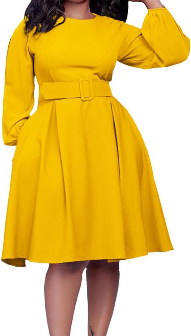 Elainone Women Long Sleeve A Line Dress with Belt Church Wedding Guest Semi Formal Office Dresses (Yellow) L