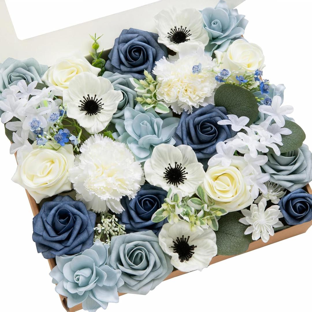 Ling's moment Fake Flowers Box, Faux Artificial Greenery Stems Foam Roses Gardenia Poppy Silk Eucalyptus Fabic Flower for Centerpieces Bouquet Wedding Vase, Dusty Blue & Navy & Ivory, Grand Combo