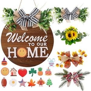 Interchangeable Welcome Sign for Front Door with 13 Seasonal Wreaths and 14 Changeable Icons, Farmhouse Front Door Signs, Door Decoration Porch Decor, Seasonal Wooden Home Sign home décor (6wood)