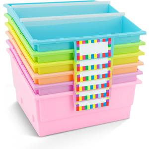 6 Pack Picture Book Bin with Dividers Classroom Library Book Bin Large Plastic Books Holders with Labels for Classroom Library Magazines Storage Organizer 13.5 x 13.5 x 7.75 in(Candy)