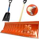 Therwen 2 Pcs Snow Pusher Include 1 36-inch Steel Snow Pusher with Scroll Wheel 1 Retractable Shovel Heavy Duty Folding Emergency Removal Tool for Car Driveways, Gardens, Sidewalk, Camping