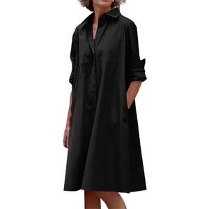 Button Down Dress for Women Summer Long Sleeve V Neck Dresses Business Casual T Shirt Dresses Vacation Sundress Pocket Size S