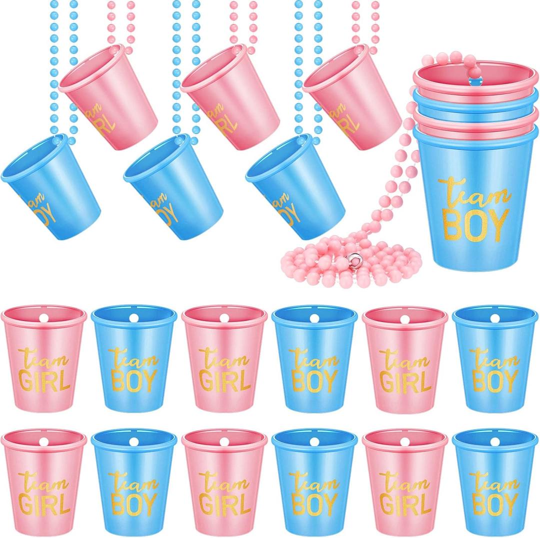 Yinkin 12 Pieces Gender Reveal Necklace Party Favors Supplies Team Boy Team Girl Gender Reveal Shot Glass Beaded Shot Cup Necklace Baby Shower Pink Blue for Gender Reveal Party Decorations