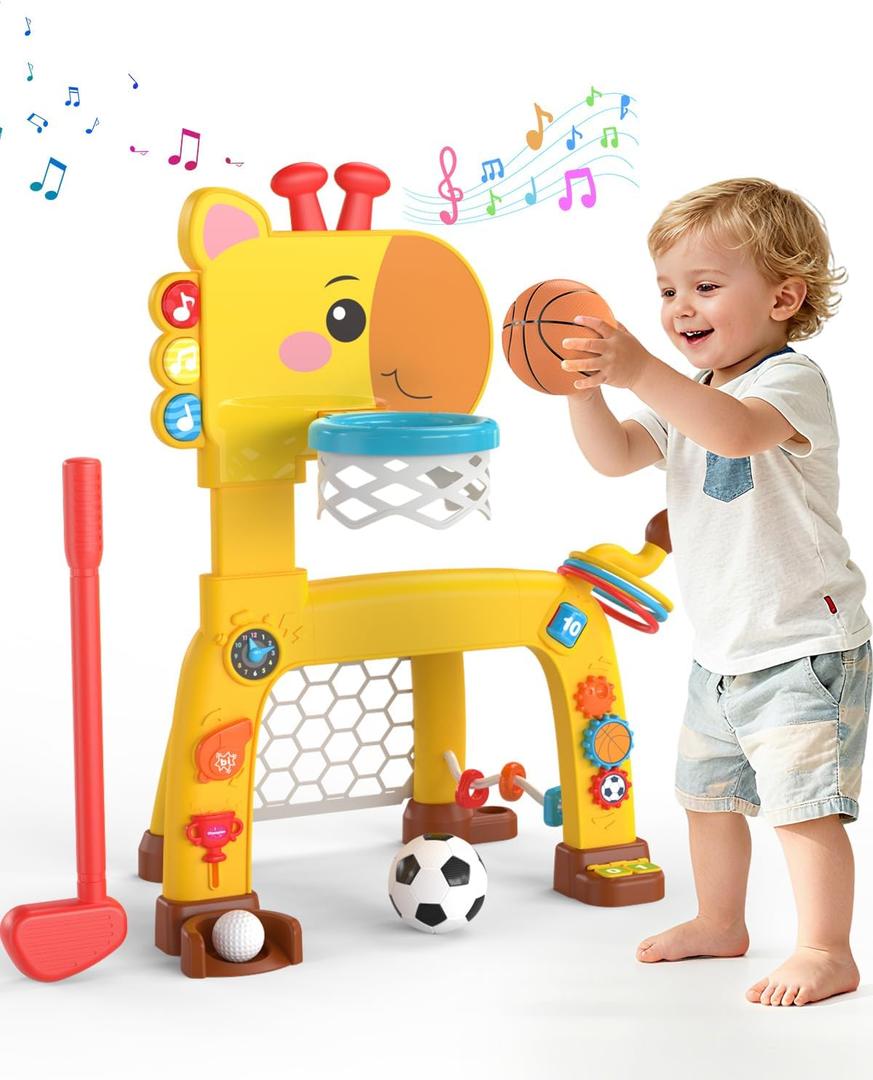 4-IN-1 Toddler Golf Ring Toss Basketball Hoop & Soccer Goal Sport Toys for 1-3 Year Olds, Baby Activity Center with Lights Bilingual Music & Vol Ctrl Gift for Boys Girls(H 24.4"-27.5") (Yellow)